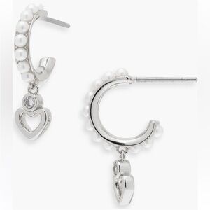 Kate Spade Saturday Imitation Pearl Huggie Hoop Earrings in Cream/Silver NWT